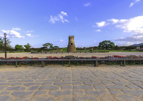 Cheomseongdae Park in the daytime, the oldest observatory in Gyeongju, South Korea