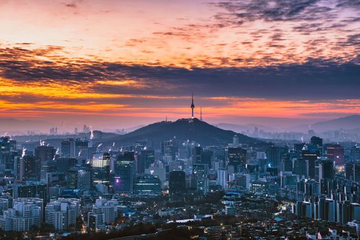 View of downtown cityscape and Seoul tower in Seoul, South Korea.