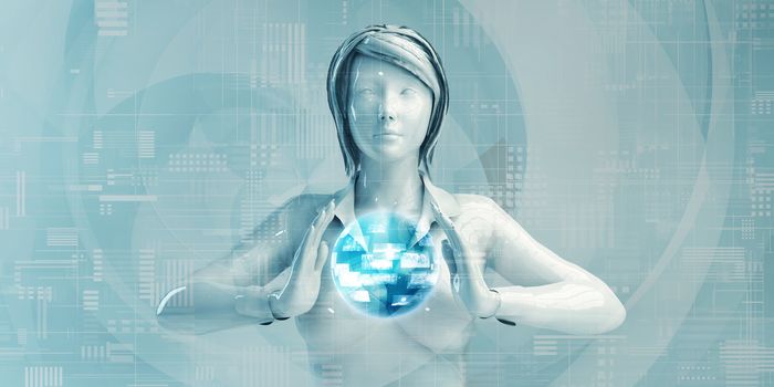 Chinese Business Woman Using Digital Solutions Technology Concept Art