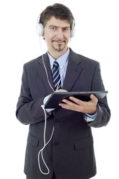 businessman with tablet pc and headphones, isolated