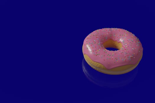 donut with pink icing,covered with colored sprinkles on a blue background