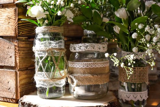 Wedding table set for fine dining or other catered event, center-piece
