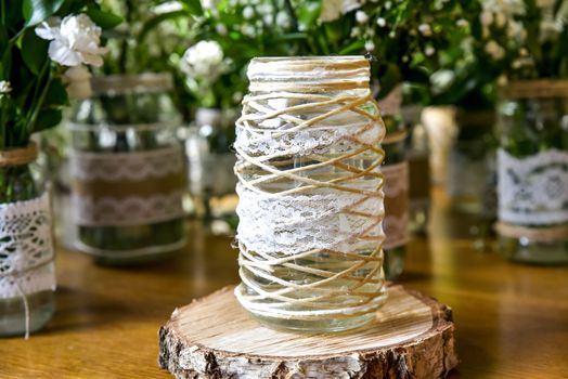 Wedding table set for fine dining or other catered event, center-piece