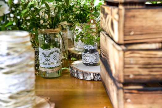 Wedding table set for fine dining or other catered event, center-piece