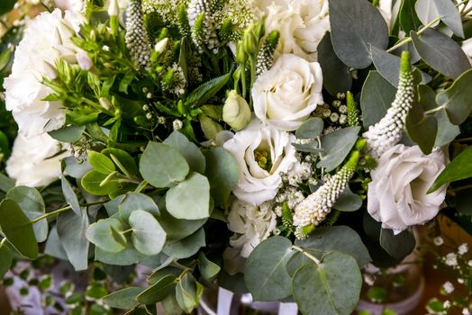 Wedding table set for fine dining or other catered event, center-piece