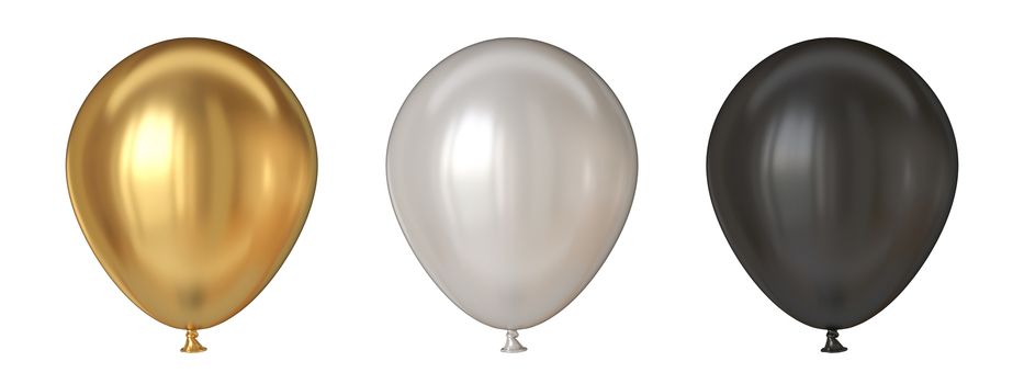 Golden, white and black balloons 3D render illustration isolated on white background