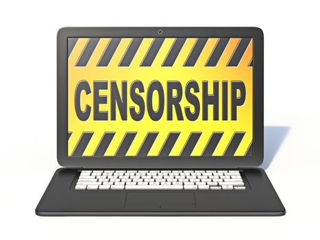Black laptop with CENSORSHIP sign on screen 3D rendering isolated on white background
