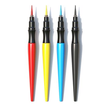 Red, yellow, blue and black brush markers 3D render illustration isolated on white background