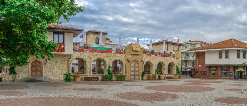 Nessebar, Bulgaria – 07.10.2019.  Mesembria Square in the old town of Nessebar, Bulgaria, on a cloudy summer morning