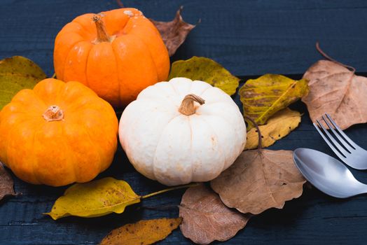 Fall Thanksgiving and Halloween pumpkins, dry leaves on wooden background