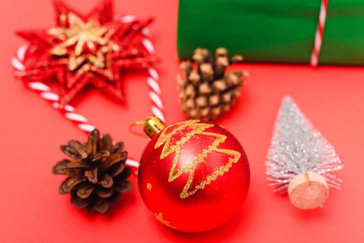 Christmas red balls with decorative abstract on red background