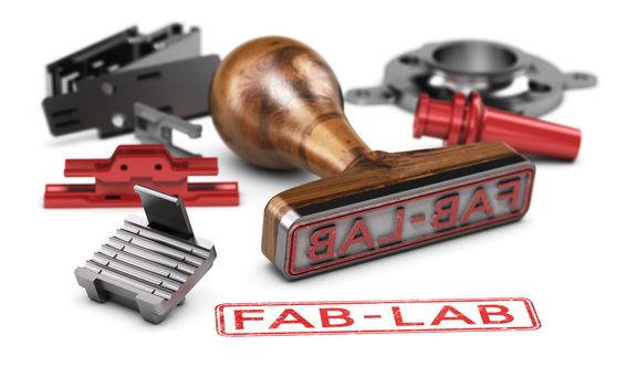 3d illustration of a rubber stamp with the text fab-lab surrounded by mechanical parts over white background