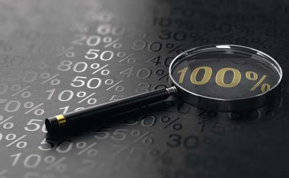 Magnifying glass over number 100 percent written with golden letters with other percentages surrounding it. Objective achievement concept. 3d illustration.