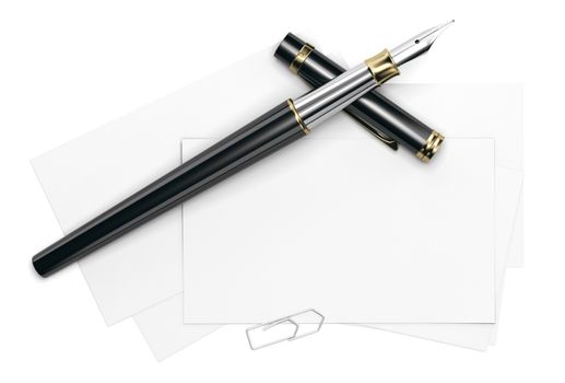 3d illustration of a blank card template over white background with fountain pen and paperclip. Front view.
