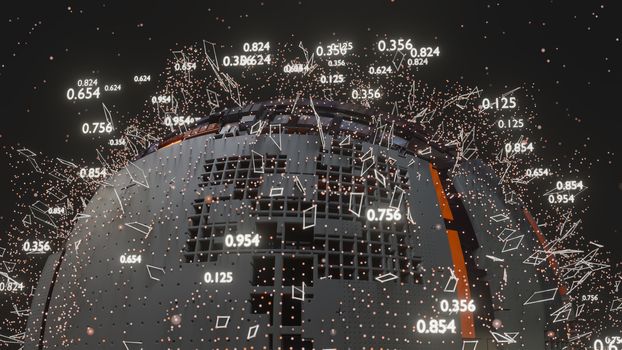 Connection Lines and Dots Around Digital Abstract Cyber PCB Sphere, Futuristic technology background. 3D illustration. Digital hardware backdrop. Displacement