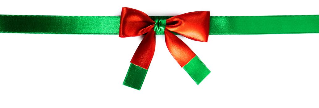 Elegant satin red and green ribbon bow isolated on white background