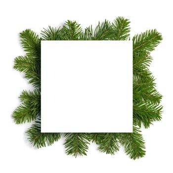 Christmas border arranged with fresh fir branches isolated on white background , copy space for text