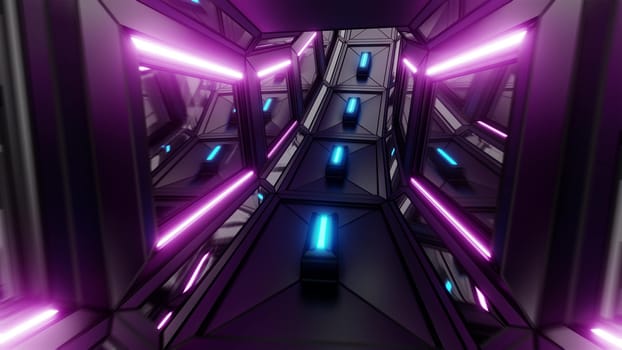 dark futuristic sci-fi space tunnel corridor with glowing lights 3d illustration background wallpaper, scifi room 3d rendering design