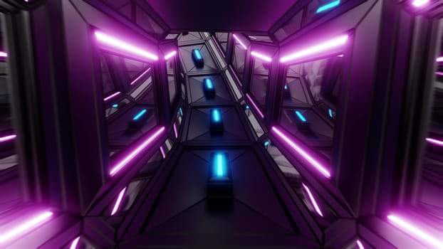 dark futuristic sci-fi space tunnel corridor with glowing lights 3d illustration background wallpaper, scifi room 3d rendering design