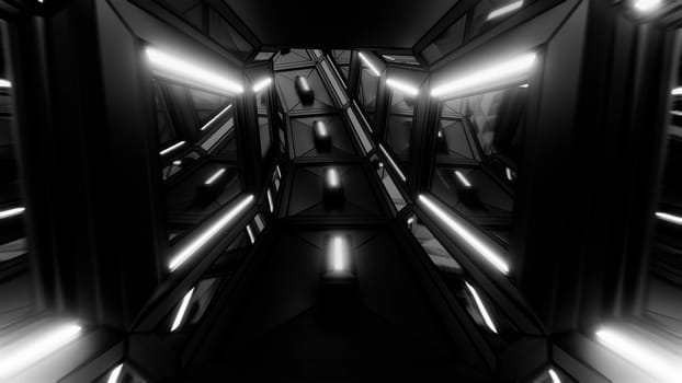 dark futuristic sci-fi space tunnel corridor with glowing lights 3d illustration background wallpaper, scifi room 3d rendering design