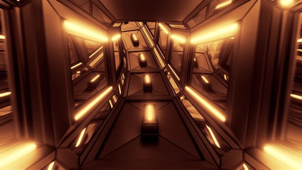 dark futuristic sci-fi space tunnel corridor with glowing lights 3d illustration background wallpaper, scifi room 3d rendering design