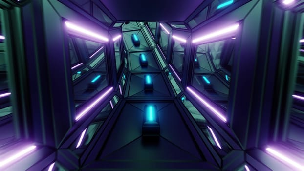 dark futuristic sci-fi space tunnel corridor with glowing lights 3d illustration background wallpaper, scifi room 3d rendering design