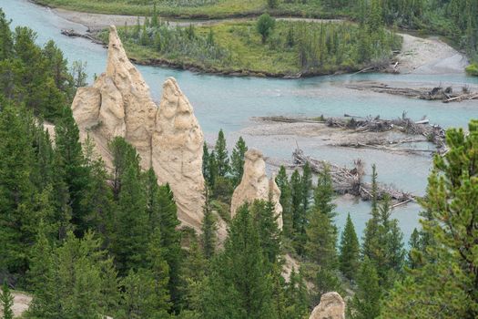 Panoramic image of the Hoodoos close to Banff with the Bow river in the background, Banff National Park, Alberta, Canada