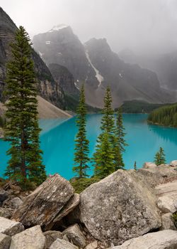 Panoramic image of the Moraine Lake at daybreak, Banff National Park, Alberta, Canada