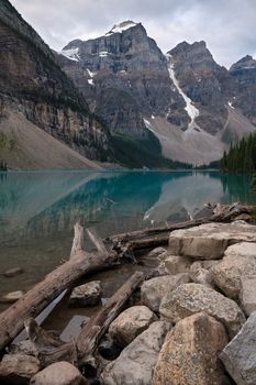 Panoramic image of the Moraine Lake at daybreak, Banff National Park, Alberta, Canada