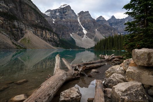 Panoramic image of the Moraine Lake at daybreak, Banff National Park, Alberta, Canada
