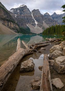 Panoramic image of the Moraine Lake at daybreak, Banff National Park, Alberta, Canada