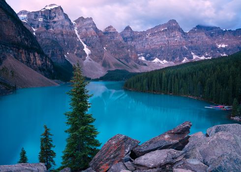 Panoramic image of the Moraine Lake at daybreak, Banff National Park, Alberta, Canada