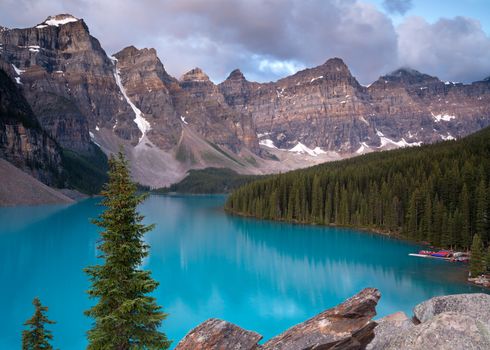 Panoramic image of the Moraine Lake at daybreak, Banff National Park, Alberta, Canada