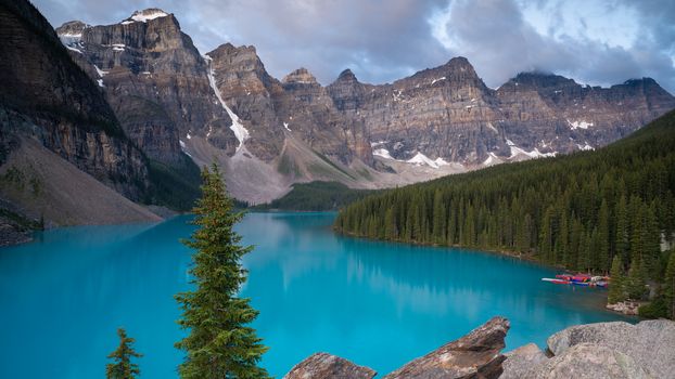 Panoramic image of the Moraine Lake at daybreak, Banff National Park, Alberta, Canada