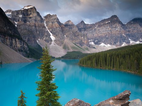 Panoramic image of the Moraine Lake at daybreak, Banff National Park, Alberta, Canada