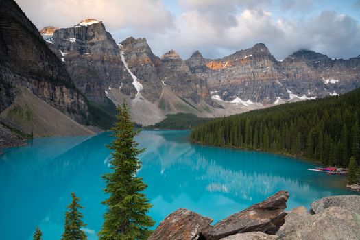 Panoramic image of the Moraine Lake at daybreak, Banff National Park, Alberta, Canada