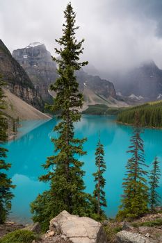 Panoramic image of the Moraine Lake at daybreak, Banff National Park, Alberta, Canada