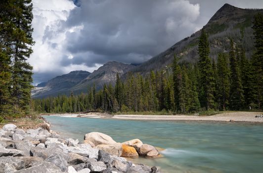 Panoramic image of a tranquil river scenery within the Kootenay National Park, British Columbia, Canada