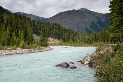Panoramic image of a tranquil river scenery within the Kootenay National Park, British Columbia, Canada