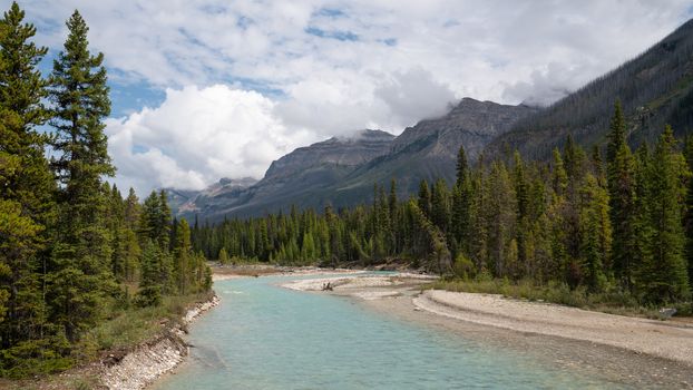 Panoramic image of a tranquil river scenery within the Kootenay National Park, British Columbia, Canada