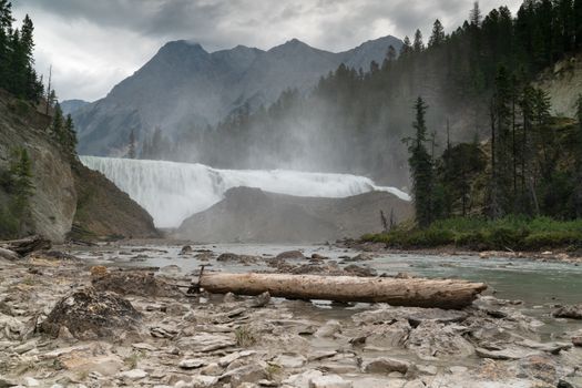Panoramic image of the Kicking Horse river cascading on the Wapta Falls, Yoho National Park, British Columbia, Canada