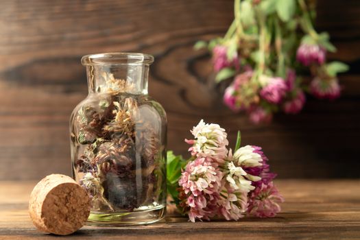 Concept of homeopathy and herbal treatment - dried Trifolium pratense know as clover in a bottle.