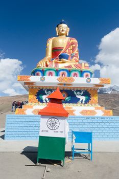 Langza, Kaza, Himachal Pradesh, India 7 May 2019 - Serene golden large Buddha statue at Langza situated at altitude of 14,500 feet believed 1000 years old snap on Buddha Purnima Jayanti or Vesak Day.