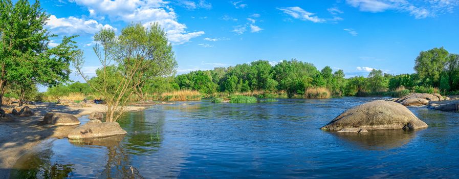 Beautiful view of the Southern Bug River near the village of Migiya on a sunny spring day