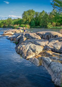 Beautiful view of the Southern Bug River near the village of Migiya on a sunny spring day