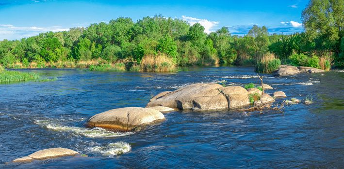 Beautiful view of the Southern Bug River near the village of Migiya on a sunny spring day