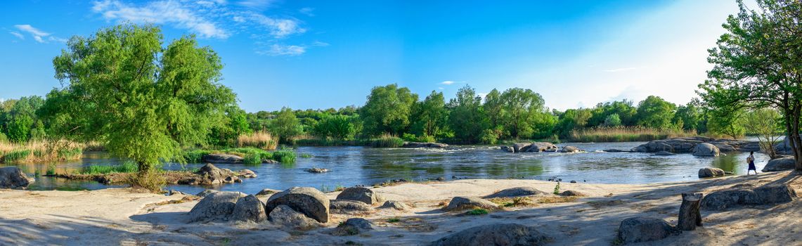 Beautiful view of the Southern Bug River near the village of Migiya on a sunny spring day