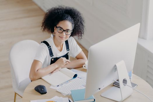 Top view of delighted curly female worker poses at desktop, dressed in casual wear, works on computer, makes financial report. Afro American student prepares for final exam in coworking space