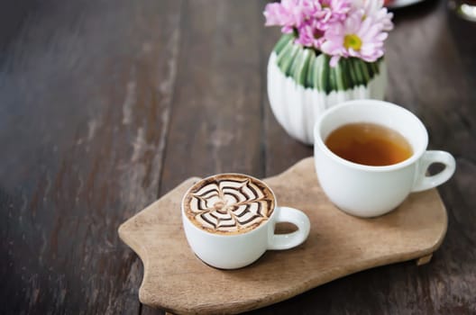 Hot drink coffee and tea set relax recipe background concept - hot drink refreshment background concept