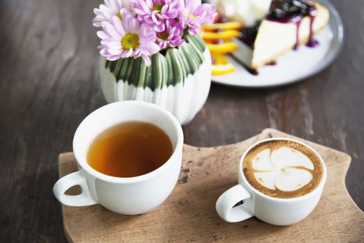 Hot drink coffee and tea set relax recipe background concept - hot drink refreshment background concept